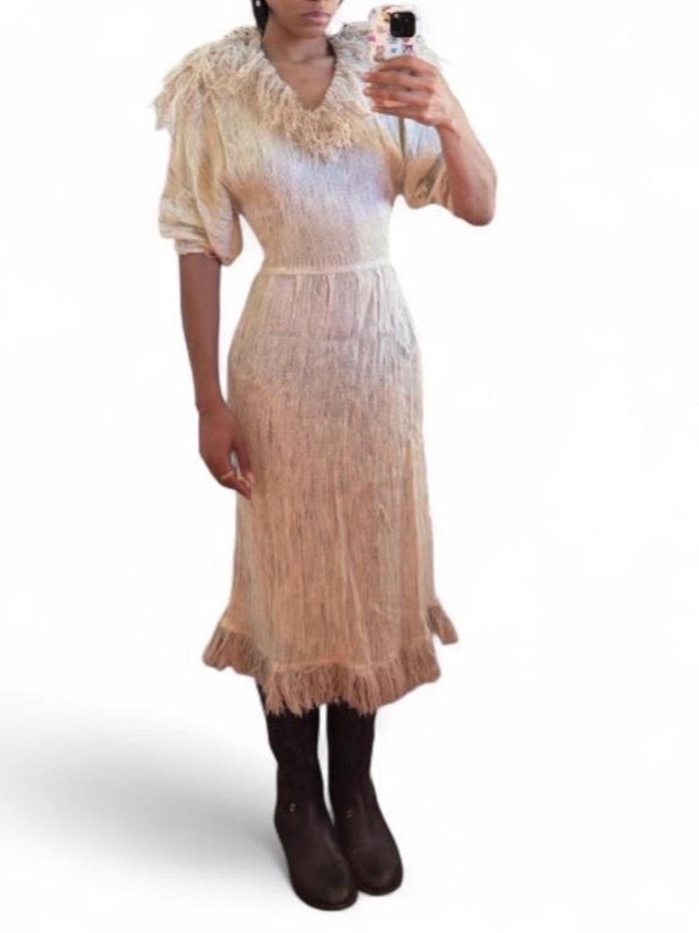 Elegant True Vintage Beige Fringe Midi Batwing V-Neck Dress Women 7-8